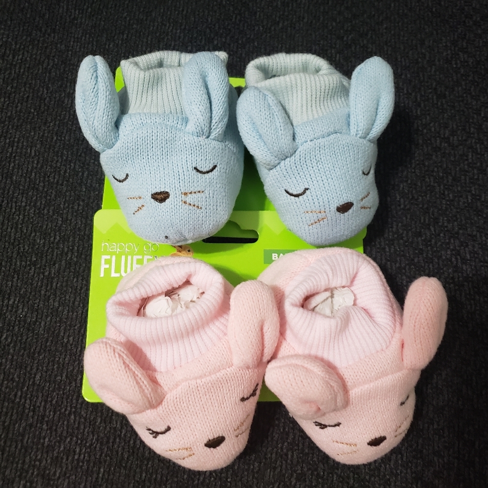 Happy Go Fluffy Baby Easter Bunny Slippers Bundle Pink + Blue  Size: O-6 Months